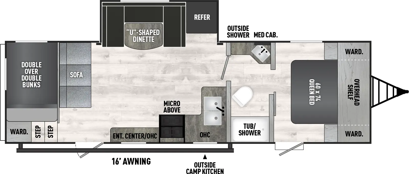 The 262BHS has one slideout and two entries. Exterior features outside shower, outside camp kitchen, and 16 foot awning. Interior layout front to back: foot-facing queen bed with overhead shelf and wardrobes on both sides, and entry; pass through full bathroom with medicine cabinet, and tub/shower; kitchen counter with sink wraps along inner wall to door side cooktop, overhead cabinet and microwave, entertainment center and second entry; off-door side slideout with refrigerator and u-dinette; rear sofa in front of double over double bunks with door side steps and wardrobe.